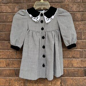 Vintage 90s Thomas Girls Black White Plaid Dress  Velvet Collared Sz2T